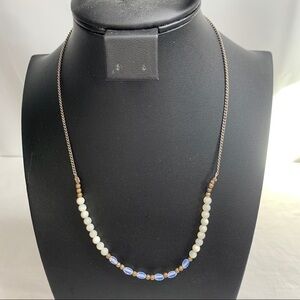 Vintage Faux Pearl Beaded Chainlink Necklace - Gold/White/Blue, 18”